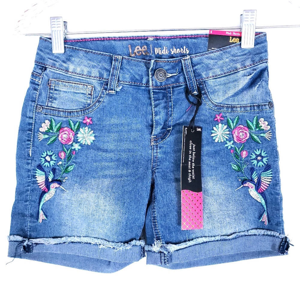 Lee Girls Midi Short Embroidered Flower Hummingbirds Color Blue Size 8 - NWT